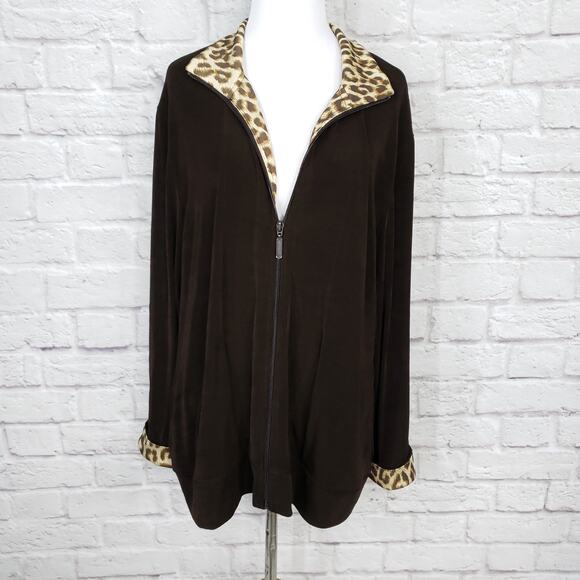 Chico's Travelers Sz 3 Jacket Brown Leopard Animal Print Trim Zipper Front XL 16 - Picture 2 of 9